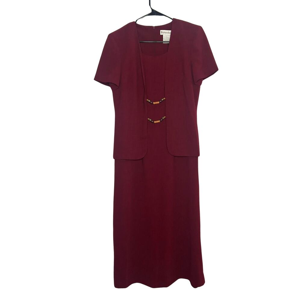 Dressbarn Women's 6 Burgundy Beaded Jacket Midi Dress Mock Layered Workwear